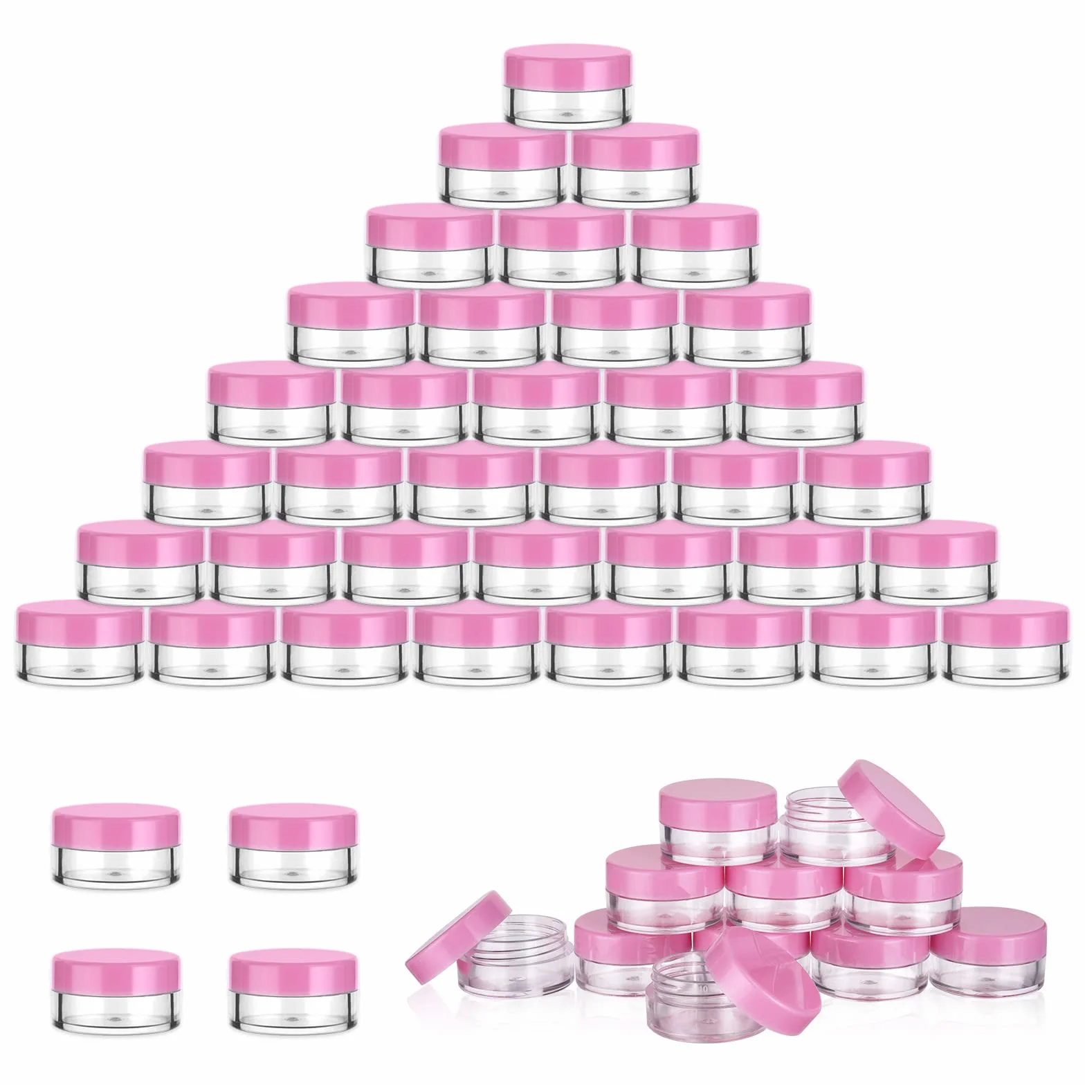 Flintronic 64 Piezas Envase Contenedores de Plástico, Tarro Vacío Crema de Viaje 5g/5ml con Pegatina y Cuchara Pequeña
