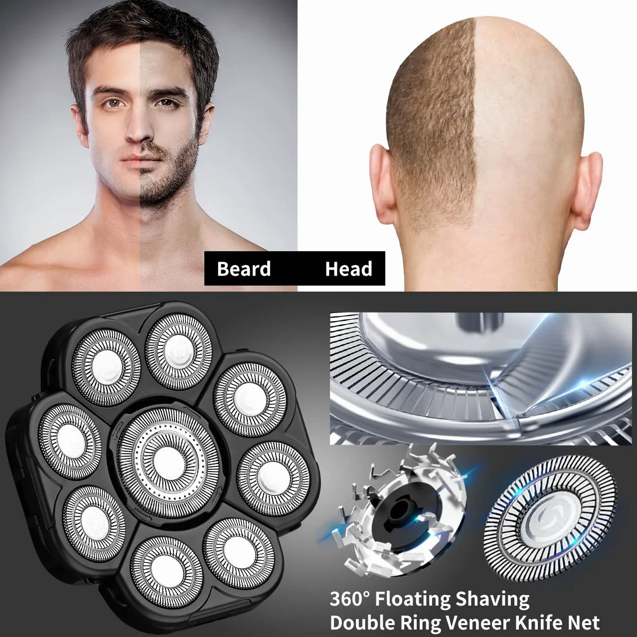 Afeitadora de cabeza de 9 cuchillas para hombre, cabezales de repuesto universales de repuesto para maquinilla de afeitar eléctrica para hombres