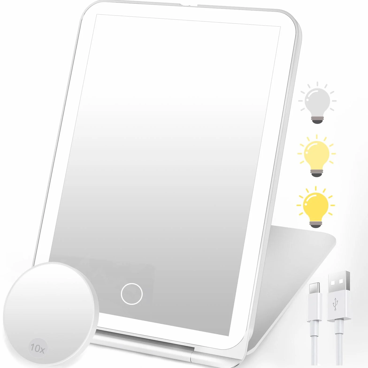 SURFOU Espejo cosmético con iluminación recargable plegable ultradelgado 3 colores luz regulable pantalla táctil 10x aumento Blanco