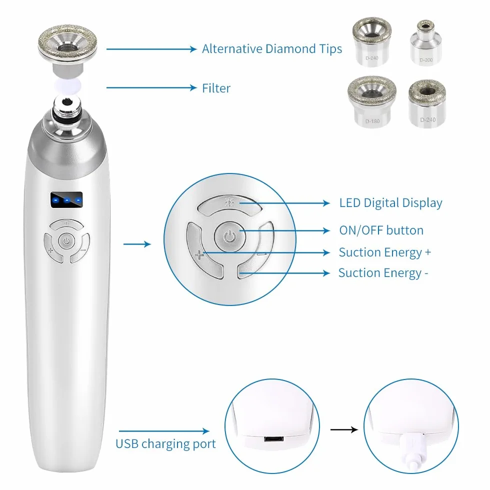 Maquina de Microdermoabrasión Facial con 9 Diamante Recargable USB Sin Cable