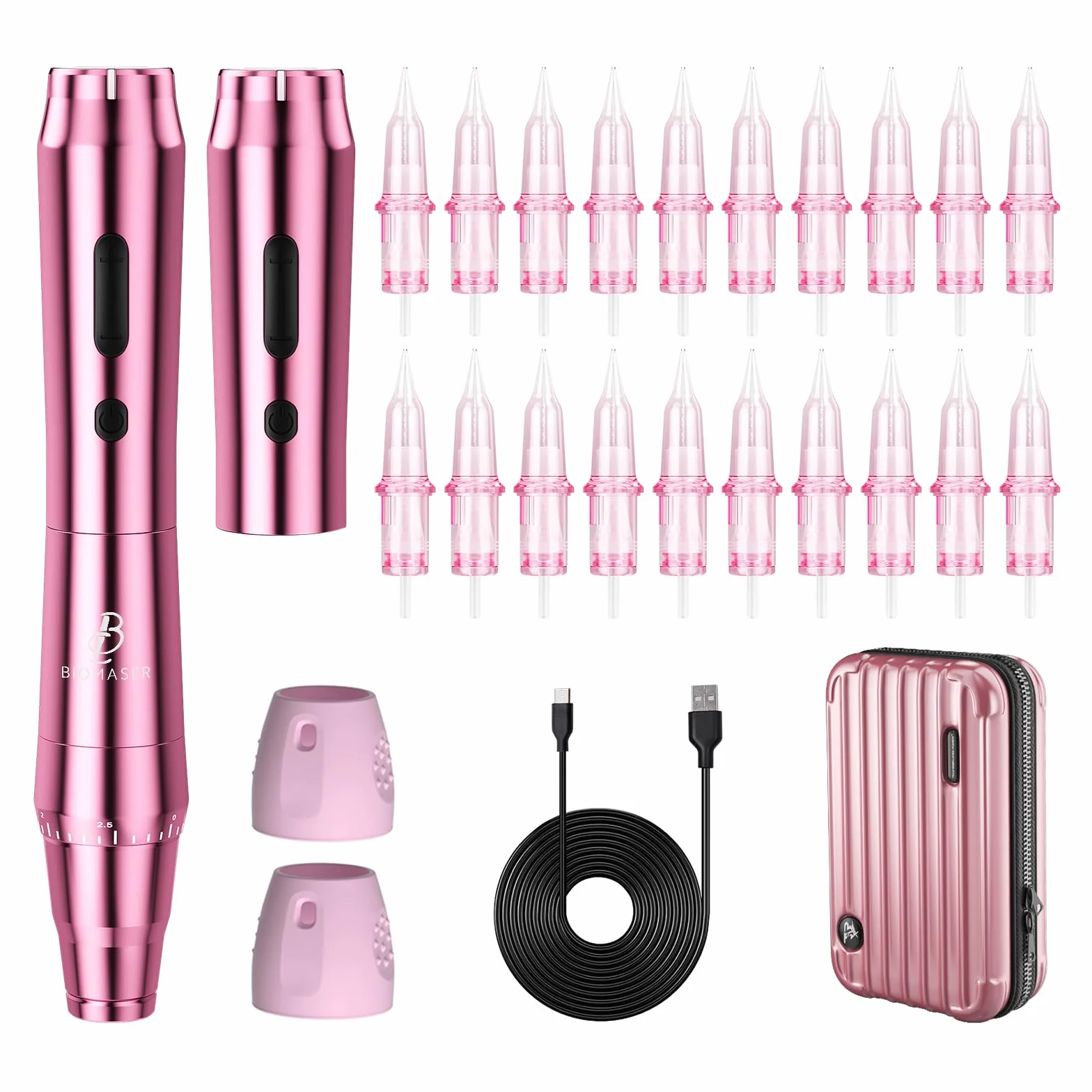 Biomaser Wireless Permanent Makeup Machine with 2 Batteries, 20 Pieces, Cartridges, Needles for Beginners and Artists (Rose)