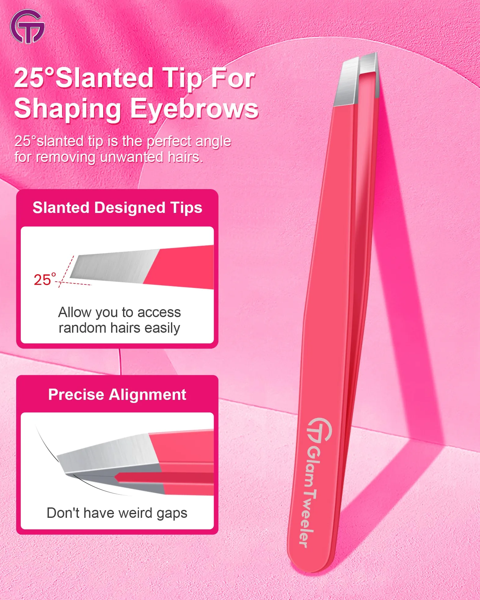GlamTweeler Expert - Pinzas de depilación de cejas con funda de cuero, punta inclinada de alta precisión, pinzas de acero inoxidable para hombres y mujeres (rosa intenso)