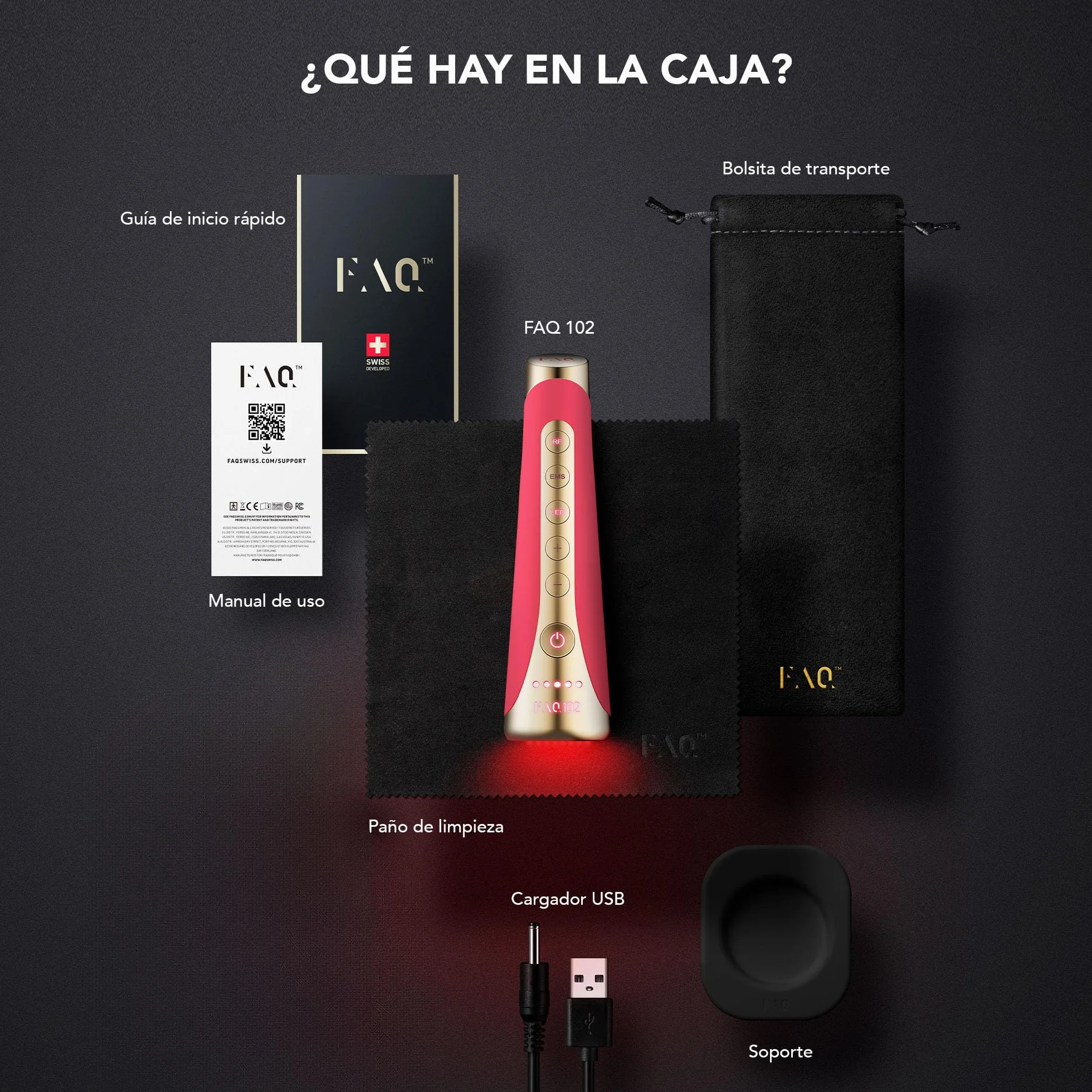 FOREO FAQ 102 Pink Ruby Radiofrecuencia Facial Profesional EMS RF 8 Luces LED Antiedad Masajeador Facial T-Sonic Cuidado Facial Mujer