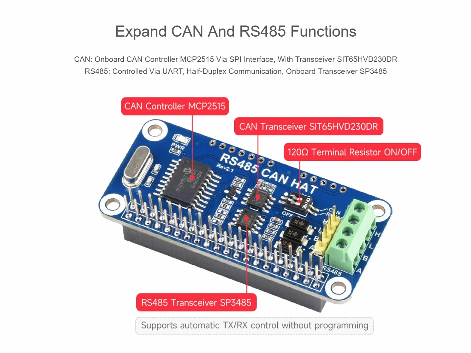 RS485 CAN HAT para Raspberry Pi 4B/3B+/3B/2B/B+/A+/Zero/Zero W/WH, Comunicación a Larga Distancia