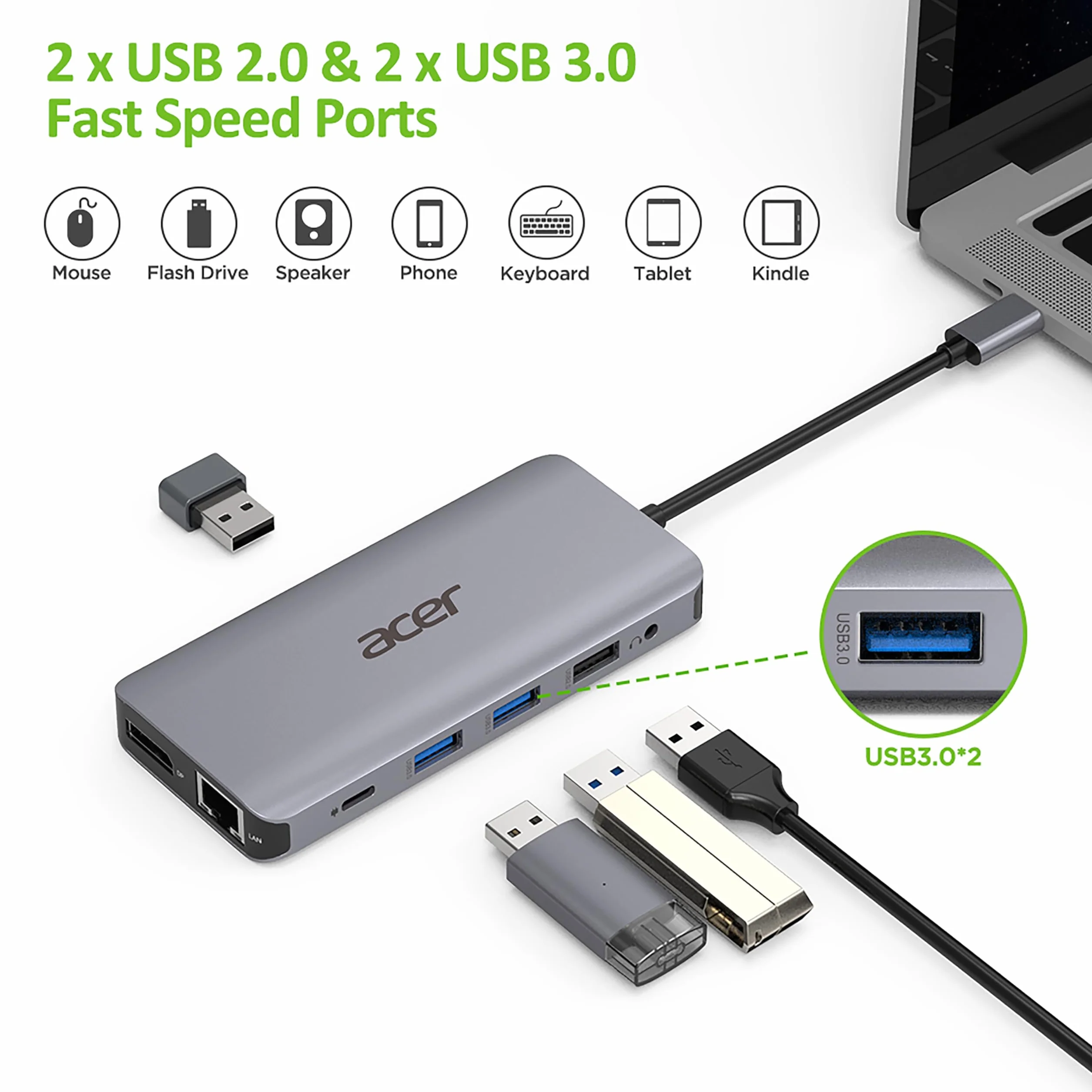 Acer Docking Station 12 w 1 USB-C USB HDMI DP RJ45 Srebrny