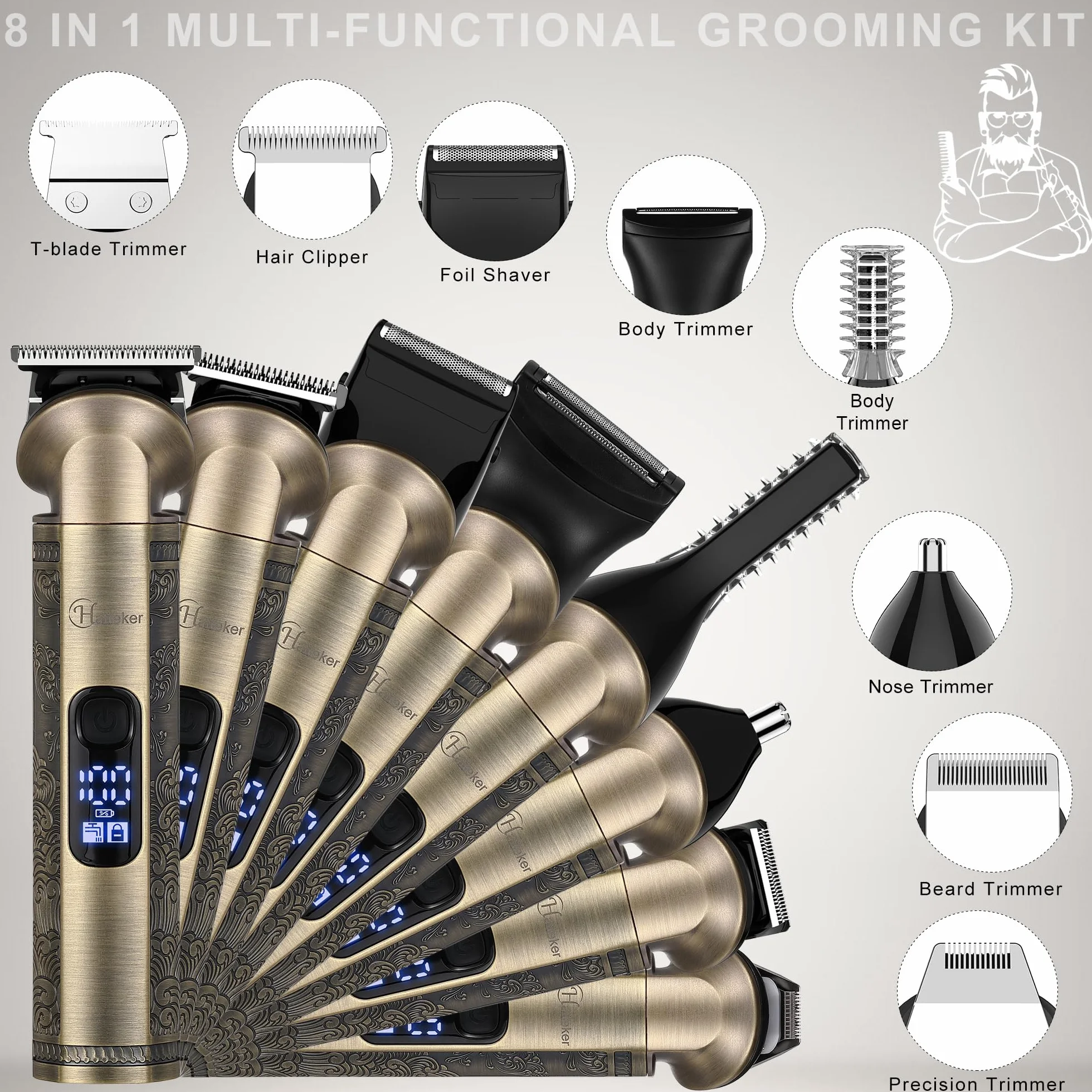 Hatteker Cortadora De Pelo 8 en 1 Impermeable, Afeitadora Masculina, Recortadora Nasal Carga USB