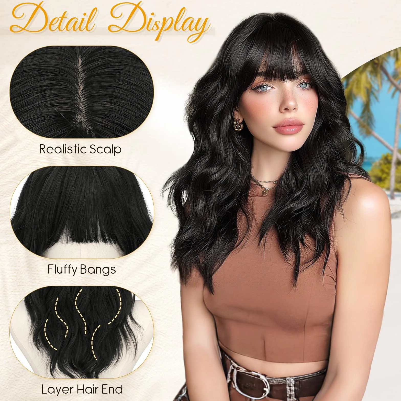 RUWISS Peluca Negro Ondulada con Flequillo 50 cm Pelo Sintético en Capas Volumen Natural