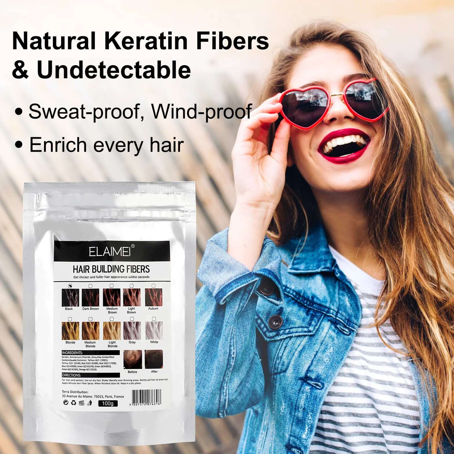 Fibra para el cabello de queratina, polvo capilar especial hombres y mujeres, Marrón oscuro 100G