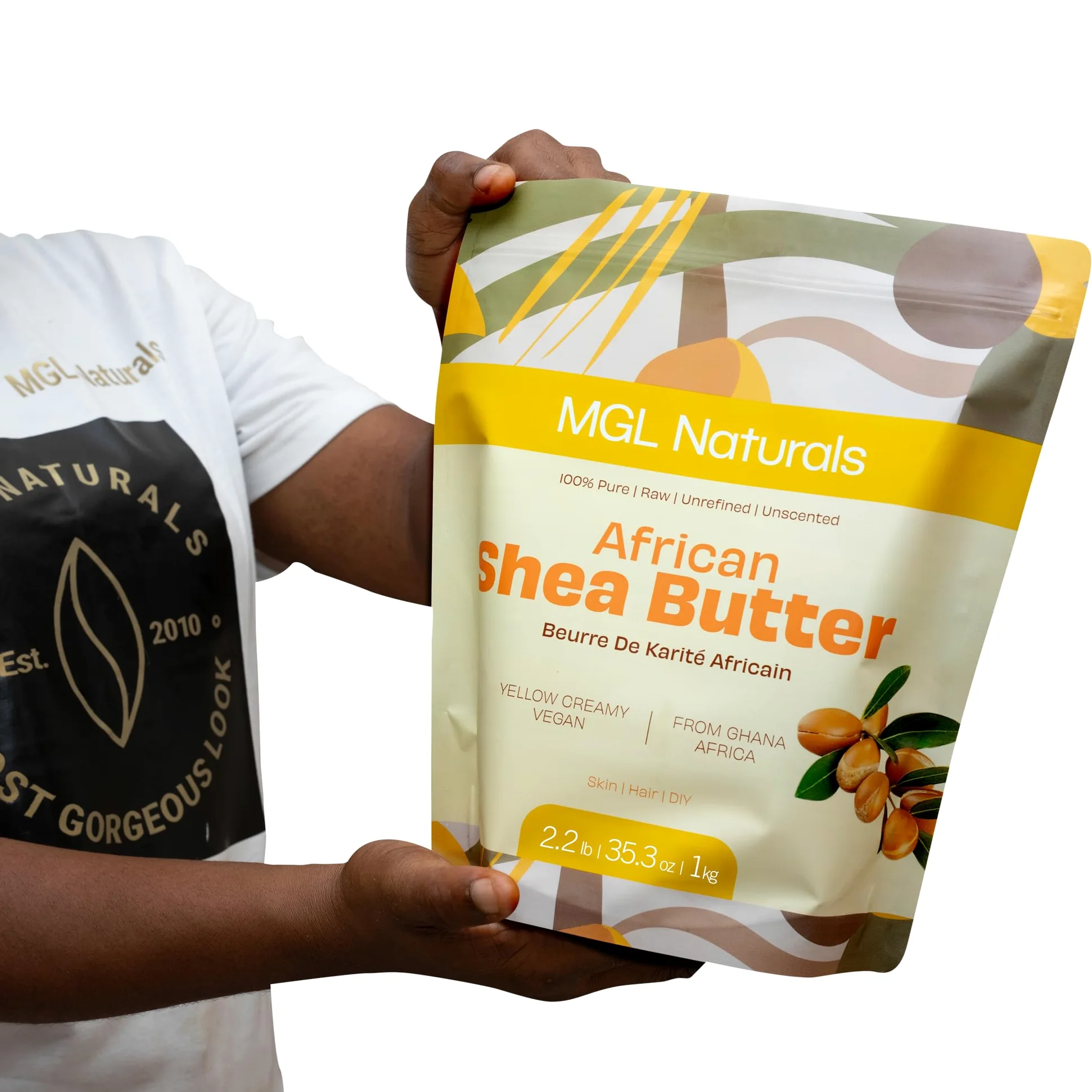 MGL Naturals, manteca de karité africana sin refinar, 100 % pura, cruda, vegana y orgánica. Nutritiva e hidratante. Úsalo solo o recetas de bricolaje. 1 kg