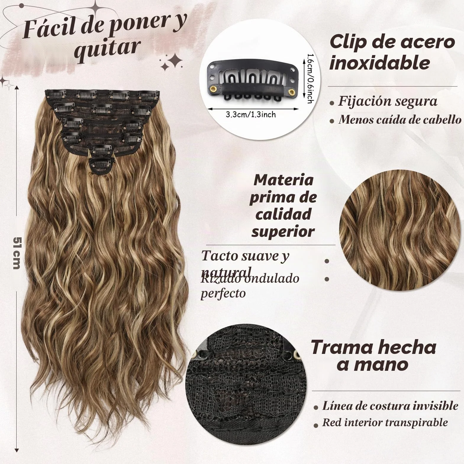 BARSDAR Clip en Extensiones de Cabello, 50cm Ondulado Highlight Extensión de Pelo Clip 6 Piezas Rizado Natural Sintética Mujer (Medio Marrón & Rubio)