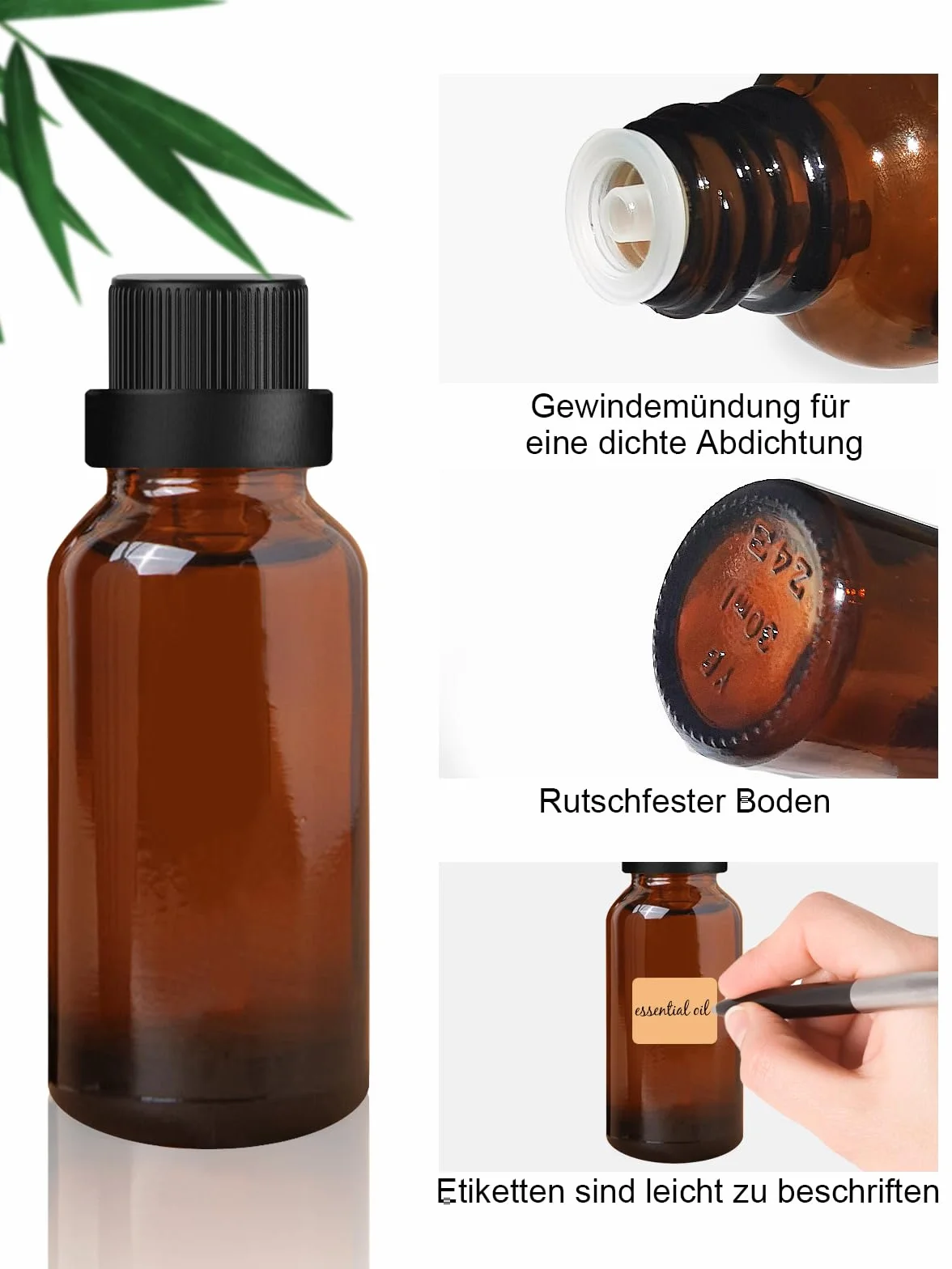 Botella de Vidrio Ámbar 50ml, Botellas Pequeñas con Tapa, Jeringa Embudo para Aceites de Masaje, Aromaterapia, Perfume