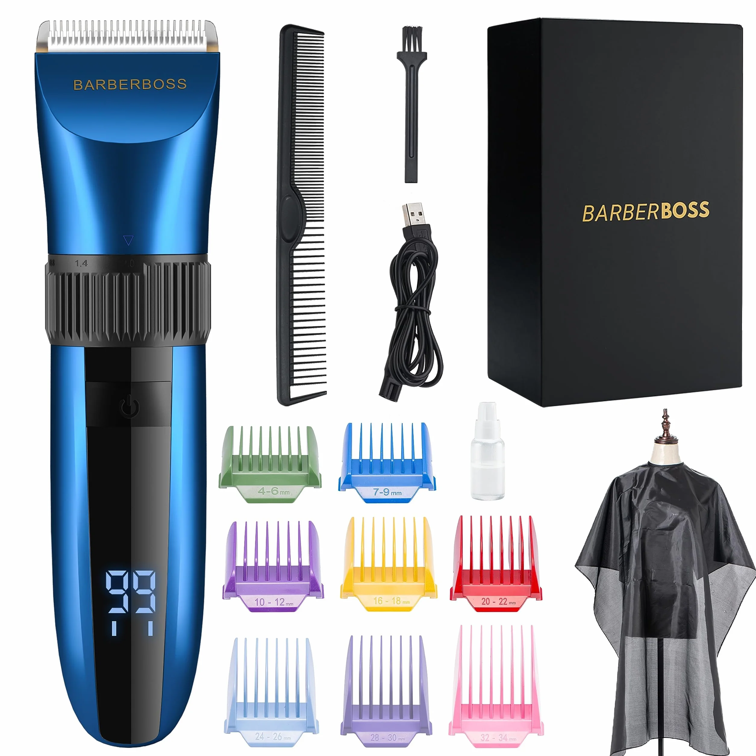 BarberBoss Recortadora de barba y pelo inalámbrica autoafilable, resistente al agua con cuchillas de cerámica, pantalla LED