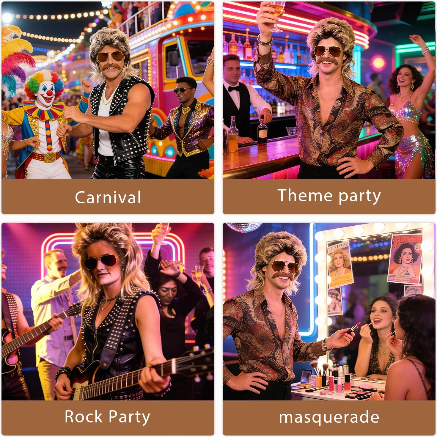 Meleager Peluca Mullet Hombre, Disfraz Ochentero, Juego 5 Accesorios Carnaval