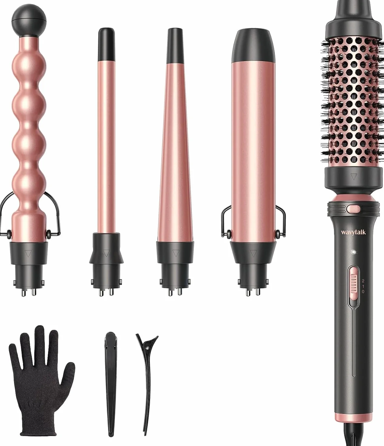 Wavytalk Rizador de Pelo, Rizador de Pelo 5 en 1 rizadoras con cepillo rizador y 4 tenacillas rizadores cerámicas intercambiables (13-32 mm), guante resistente al calor y 2 pinzas para el cabello