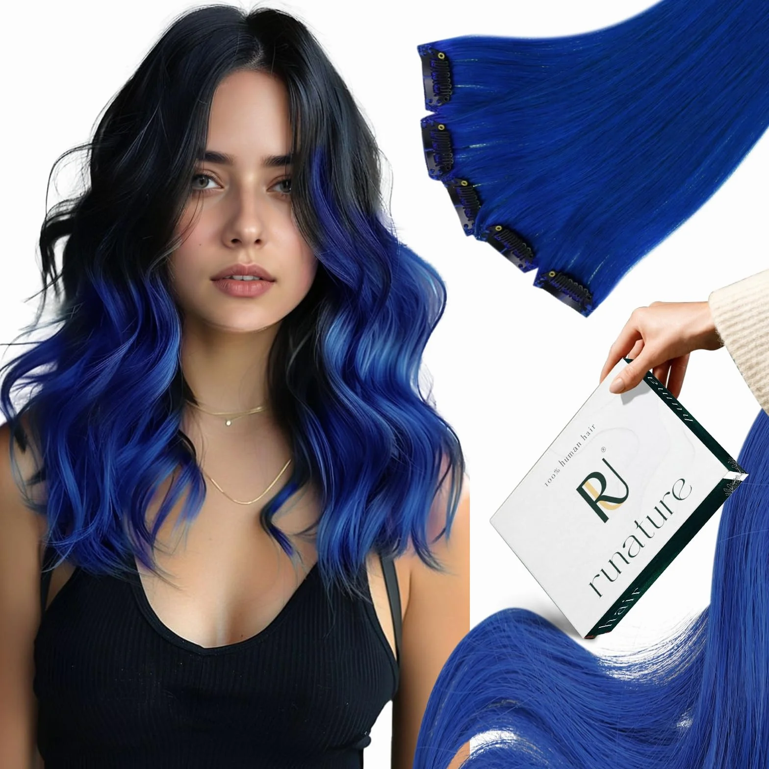 Extensiones de Cabello Colorido Natural Humano 25g 16 Pulgadas Azul RUNATURE 5 Piezas