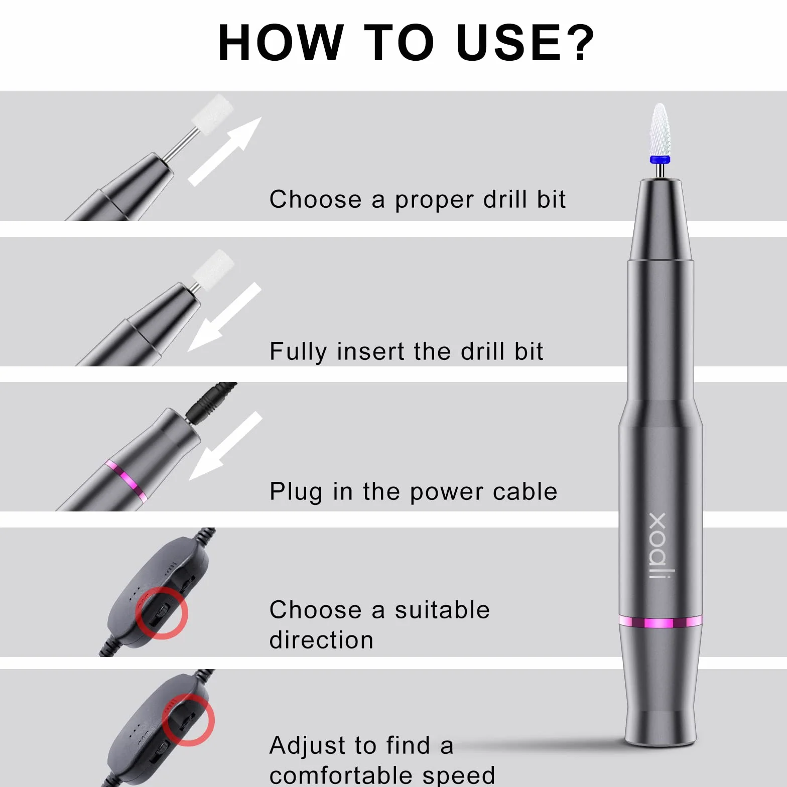 Xoali Torno para Uñas 25000RPM Profesional 12 en 1, Lima Eléctrica USB con Brocas de Cerámica, Velocidad Ajustable