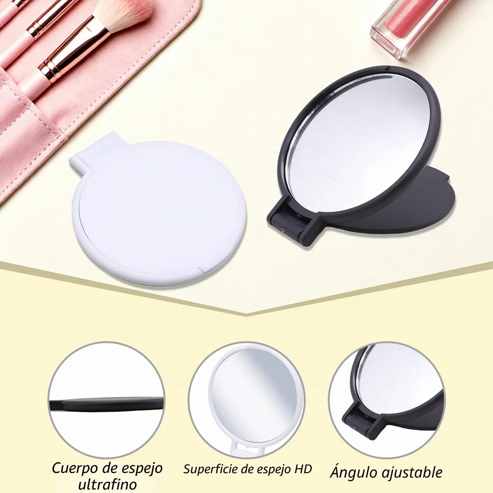 Miniespejos plegables de bolsillo redondos 2 colores blanco negro para mujeres niñas viaje