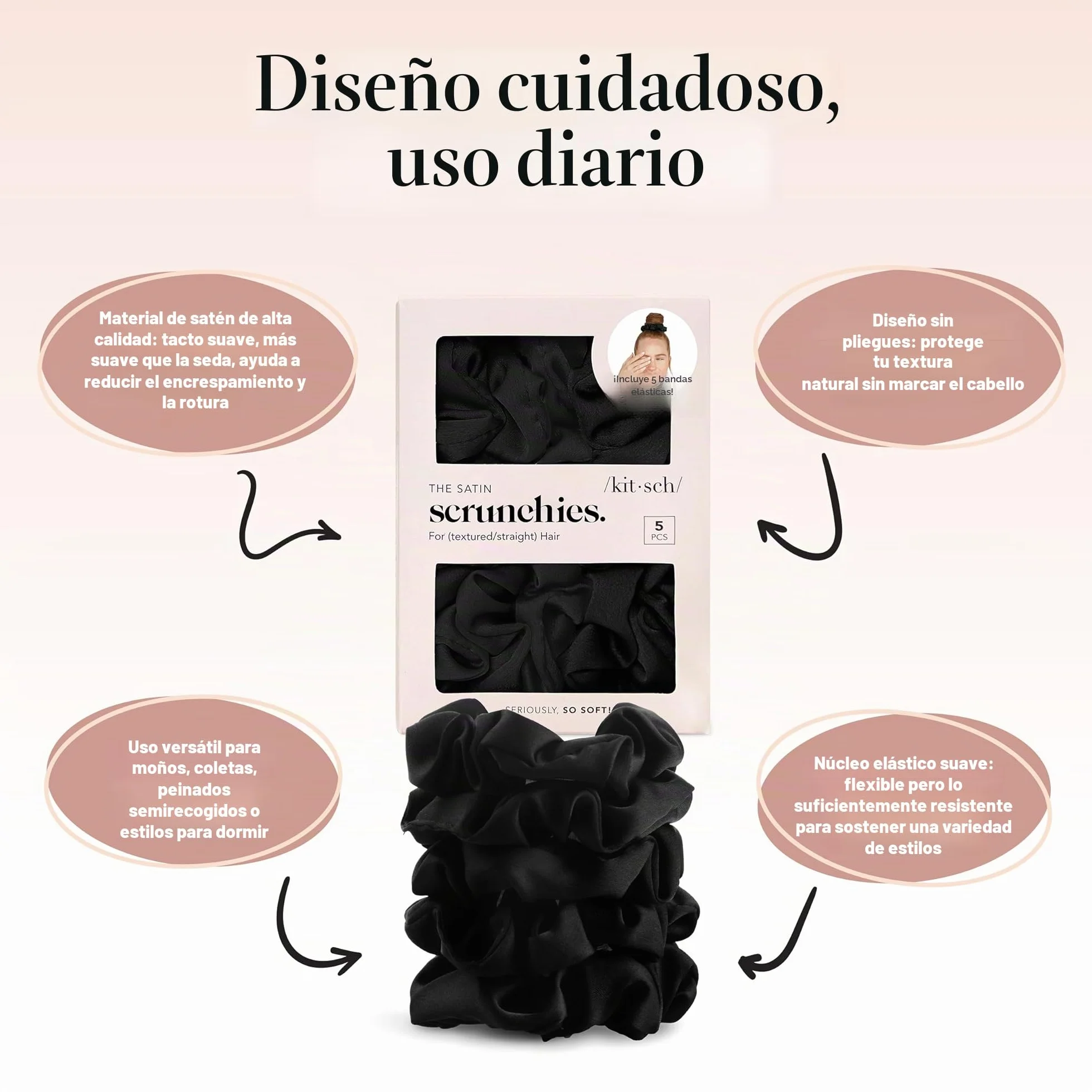 Kitsch 5 gomas de pelo de satén, antiencrespamiento y rotura, agarre suave, negras