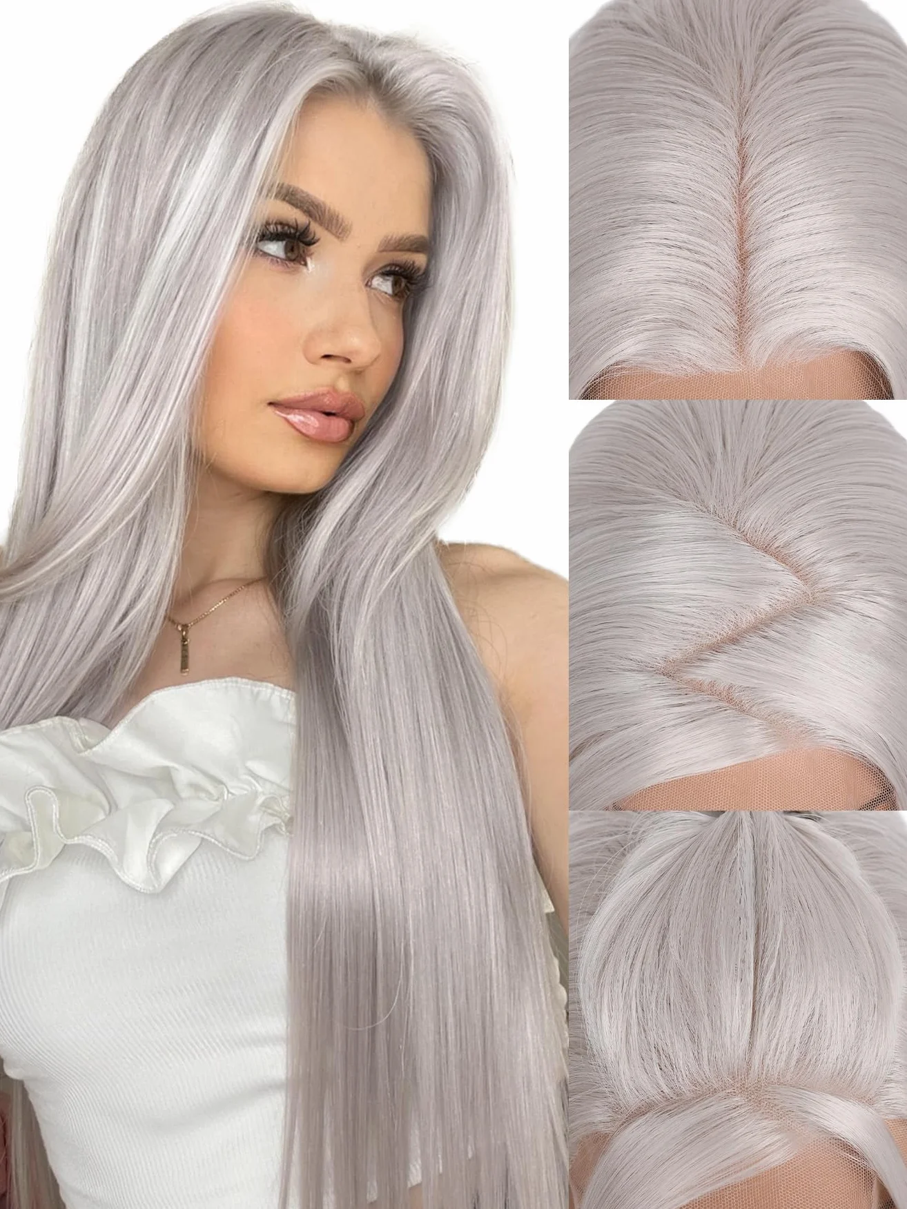 FAVE Peluca gris 65 cm fibra sintética resistente al calor color plateado línea de pelo natural precortada