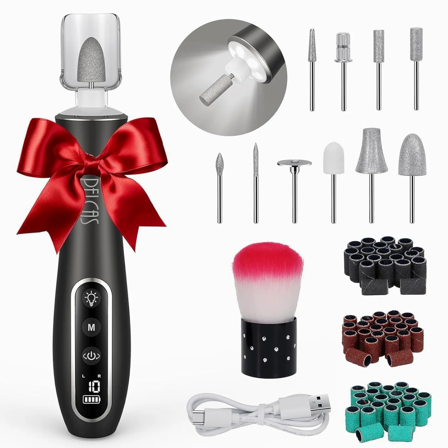 PELCAS Torno para Uñas 10 velocidades Torno para Uñas Profesional Inalámbrico con Pantalla LCD y Luz LED Lima Eléctricas Uñas Recargables Set de Manicura y Pedicura para Salón DIY