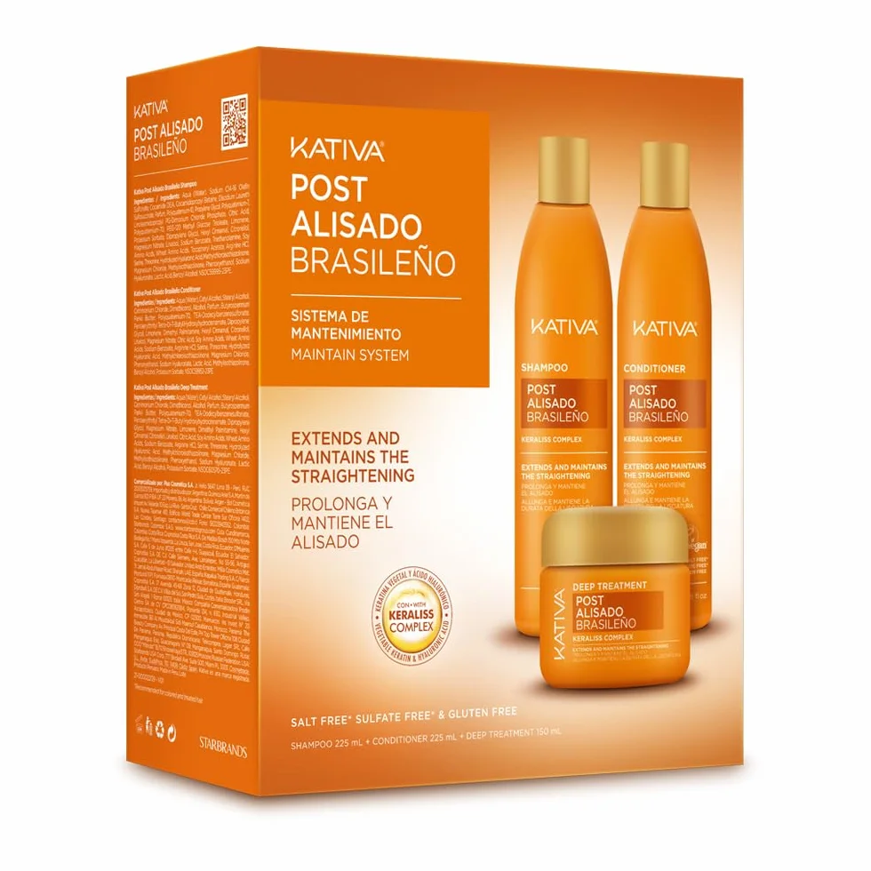 KATIVA Kit Post Alisado Brasileño Champú Acondicionador Mascarilla 225 ml Keratina Vegetal Ácido Hialurónico