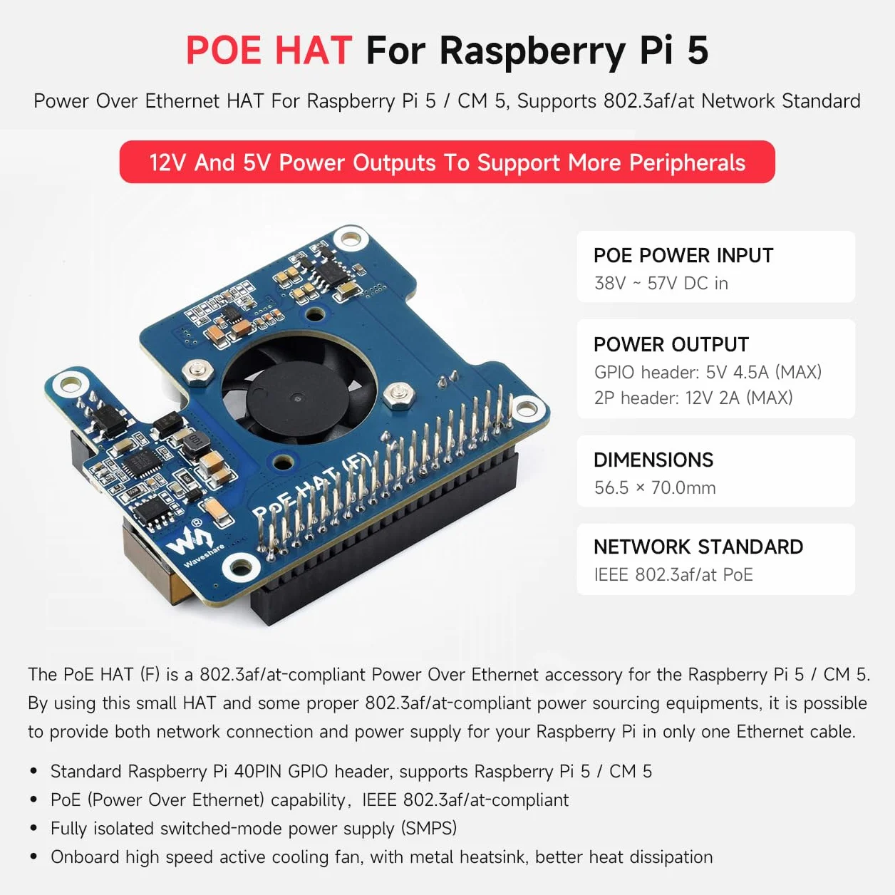 Waveshare PoE Hat (F) for Raspberry Pi 5, High Power, Onboard Fan, Metal Heatsink, 802.3af/at