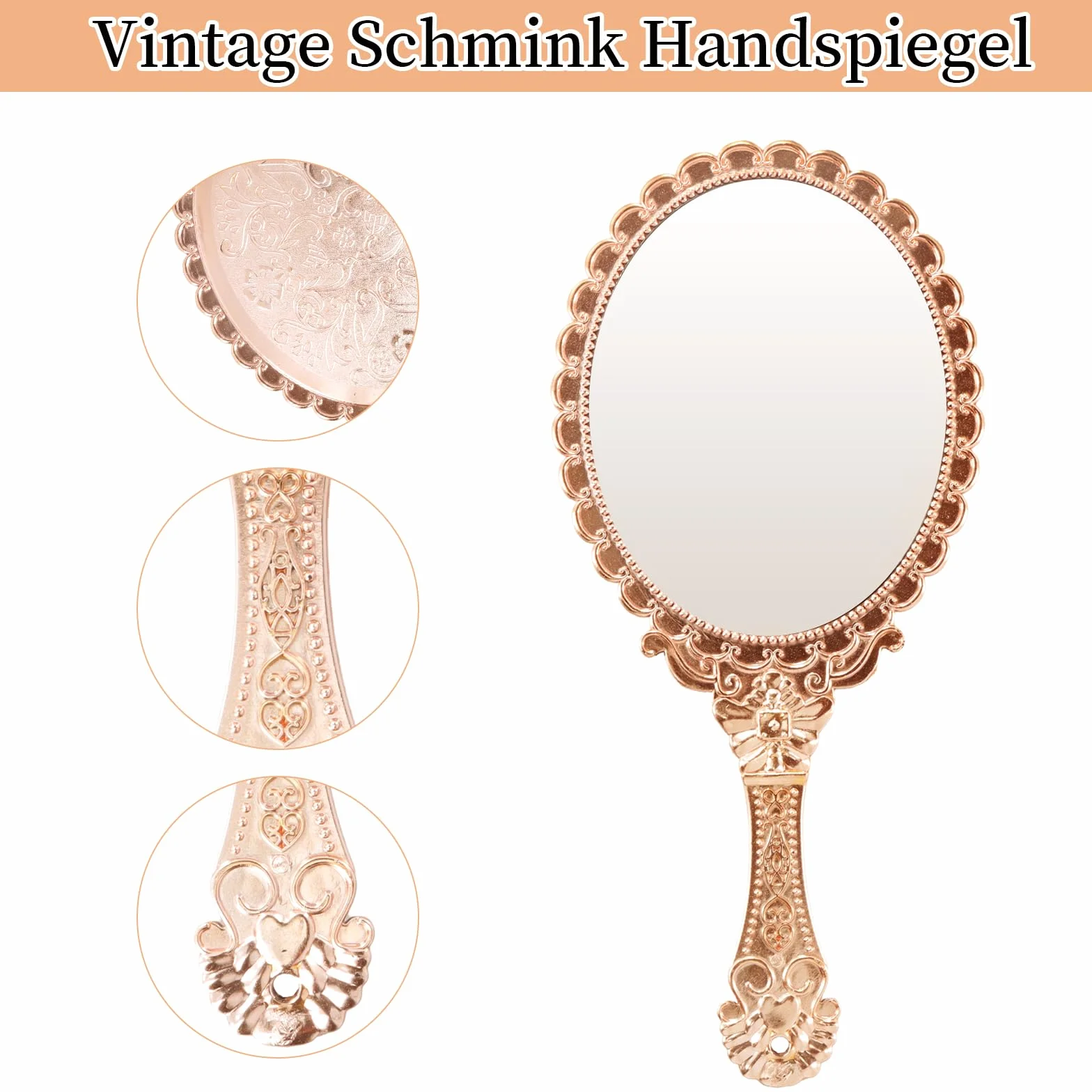 Espejo de Bolsillo Vintage, Espejo de Mano, Espejo de Maquillaje (Oro Rosa)