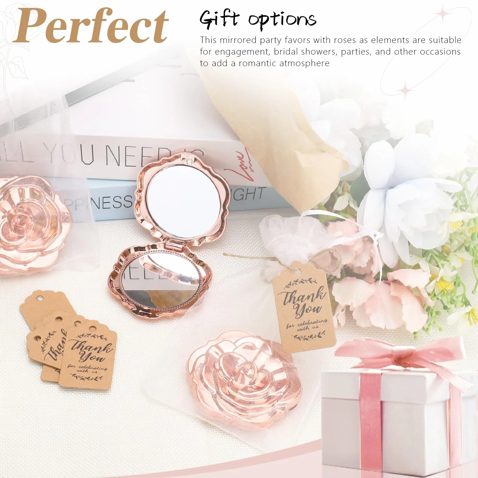 Espejos compactos rosas a granel 30 unidades recuerdos boda regalos despedida soltera espejos plegables forma rosa