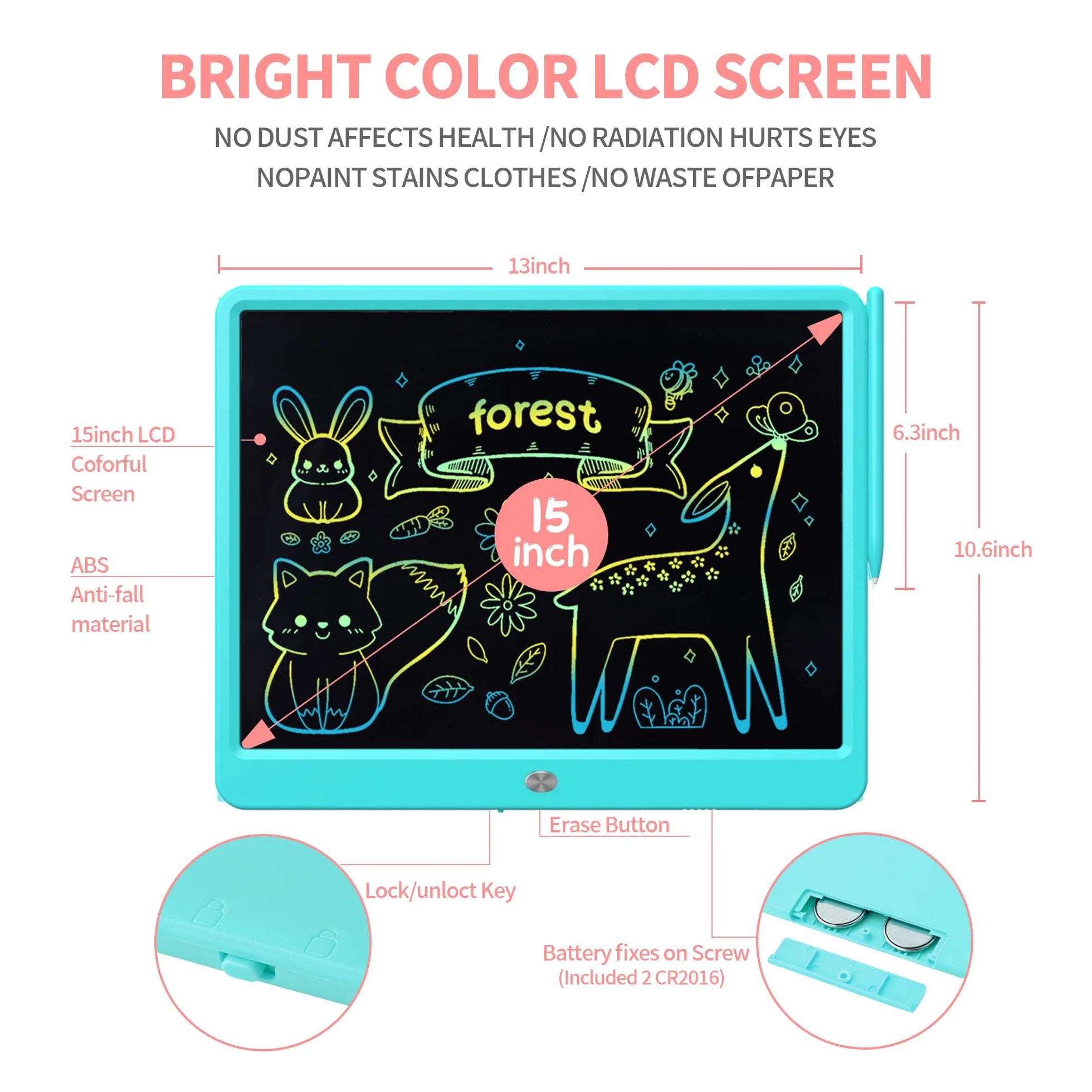 Tableta de Escritura LCD 15 Pulgadas para Niños, Juguete de Dibujo Colorido Reutilizable
