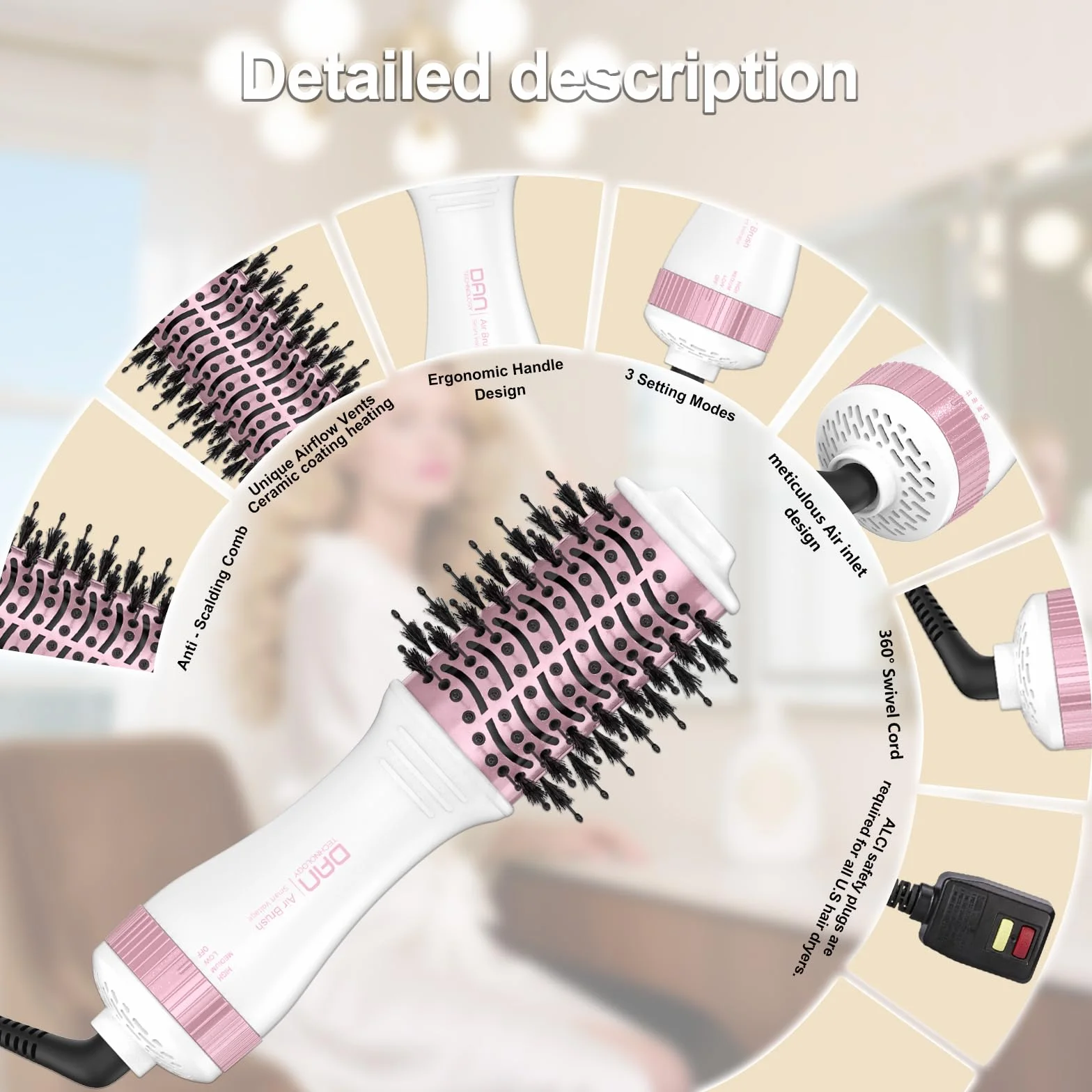 DAN - Cepillo secador de pelo de doble voltaje (100 V-240 V), cepillo secador de pelo de viaje con adaptador de enchufe multifunción, cepillo secador de un paso y voluminizador estilizador