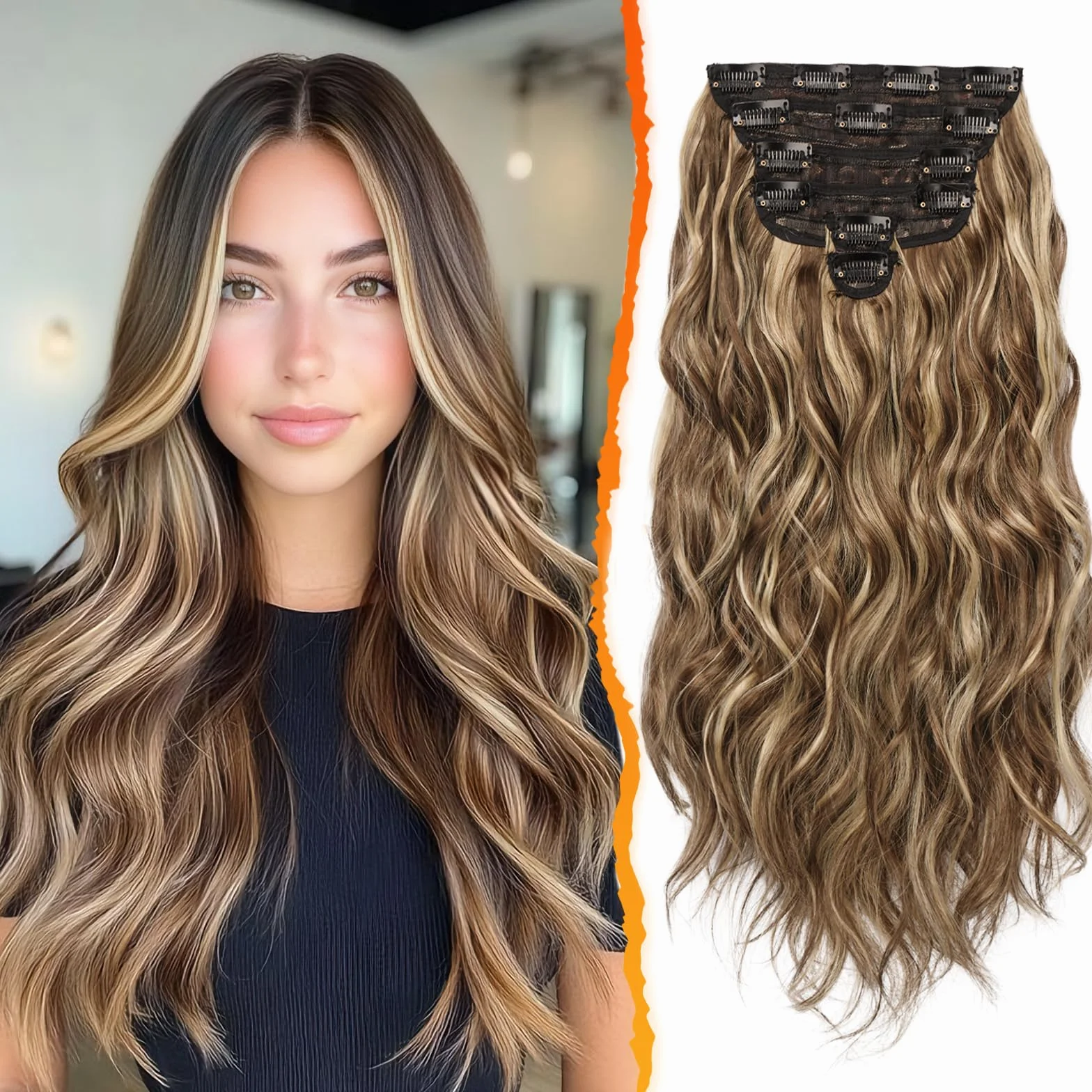 BARSDAR Clip en Extensiones de Cabello, 50cm Ondulado Highlight Extensión de Pelo Clip 6 Piezas Rizado Natural Sintética Mujer (Medio Marrón & Rubio)