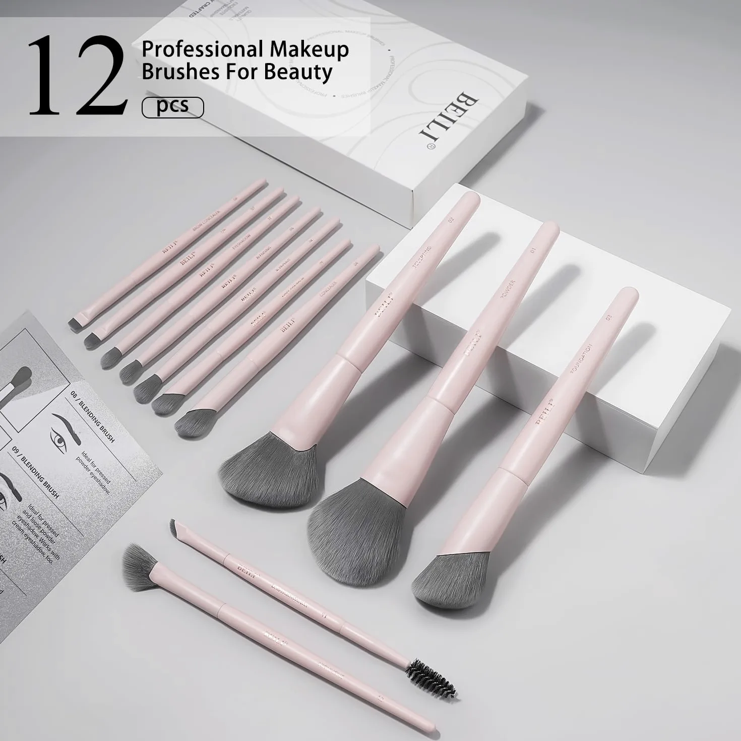 BEILI Juego de 12 brochas de maquillaje profesionales rosas densas para base, polvo, contorno y mezcla de ojos, kit completo de brochas cosméticas de cara completa con elegante almacenamiento