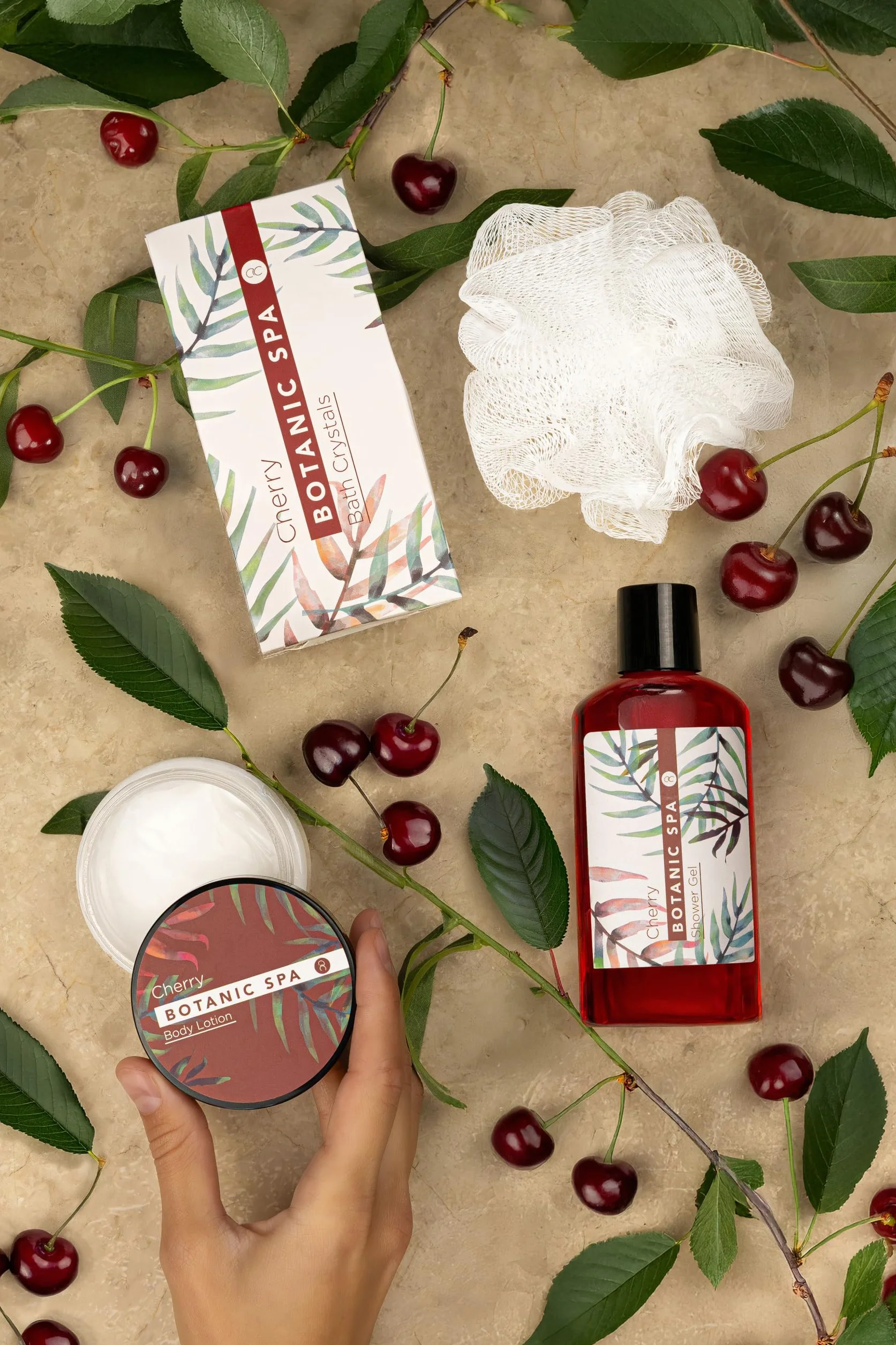 Accentra CHERRY SPA set de baño femenino 4 piezas gel de ducha sales de baño loción corporal esponja de red regalo San Valentín cumpleaños