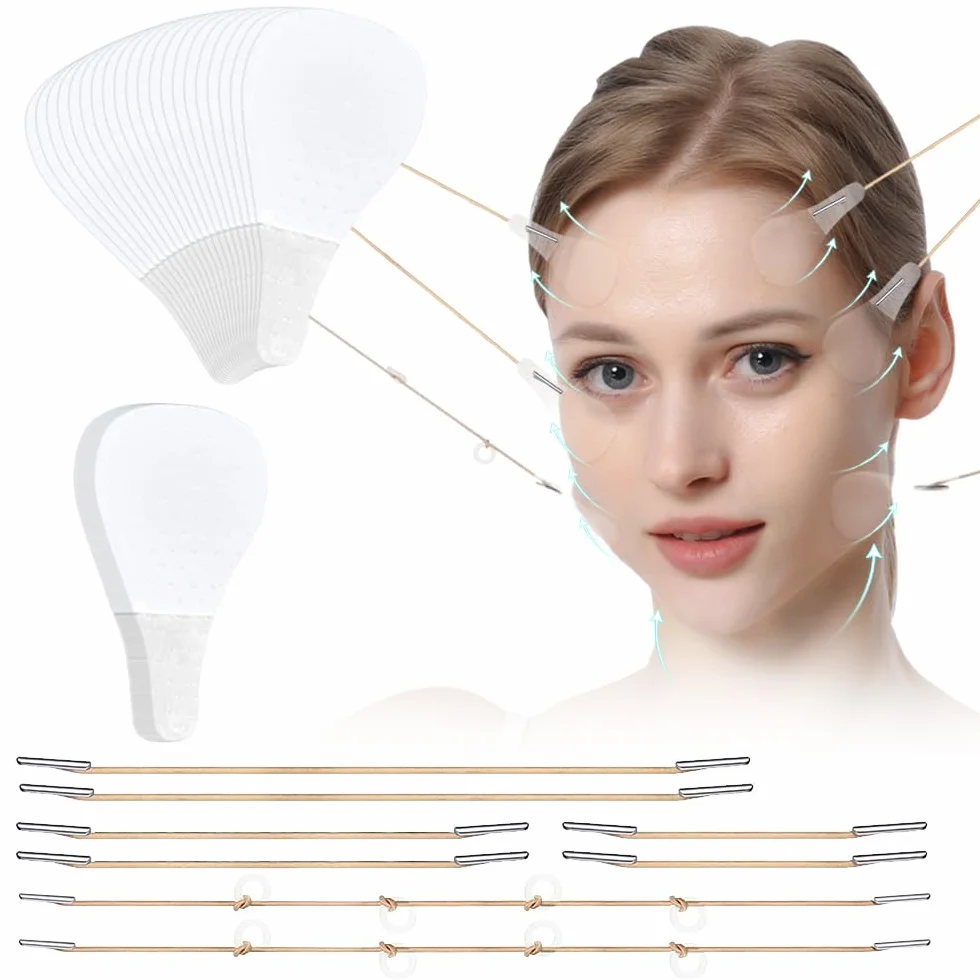 Kit de Cintas Lifting 80 Parches Invisibles + 4 Elásticos Contorno en V Instantáneo Rostro Cuello Ojeras