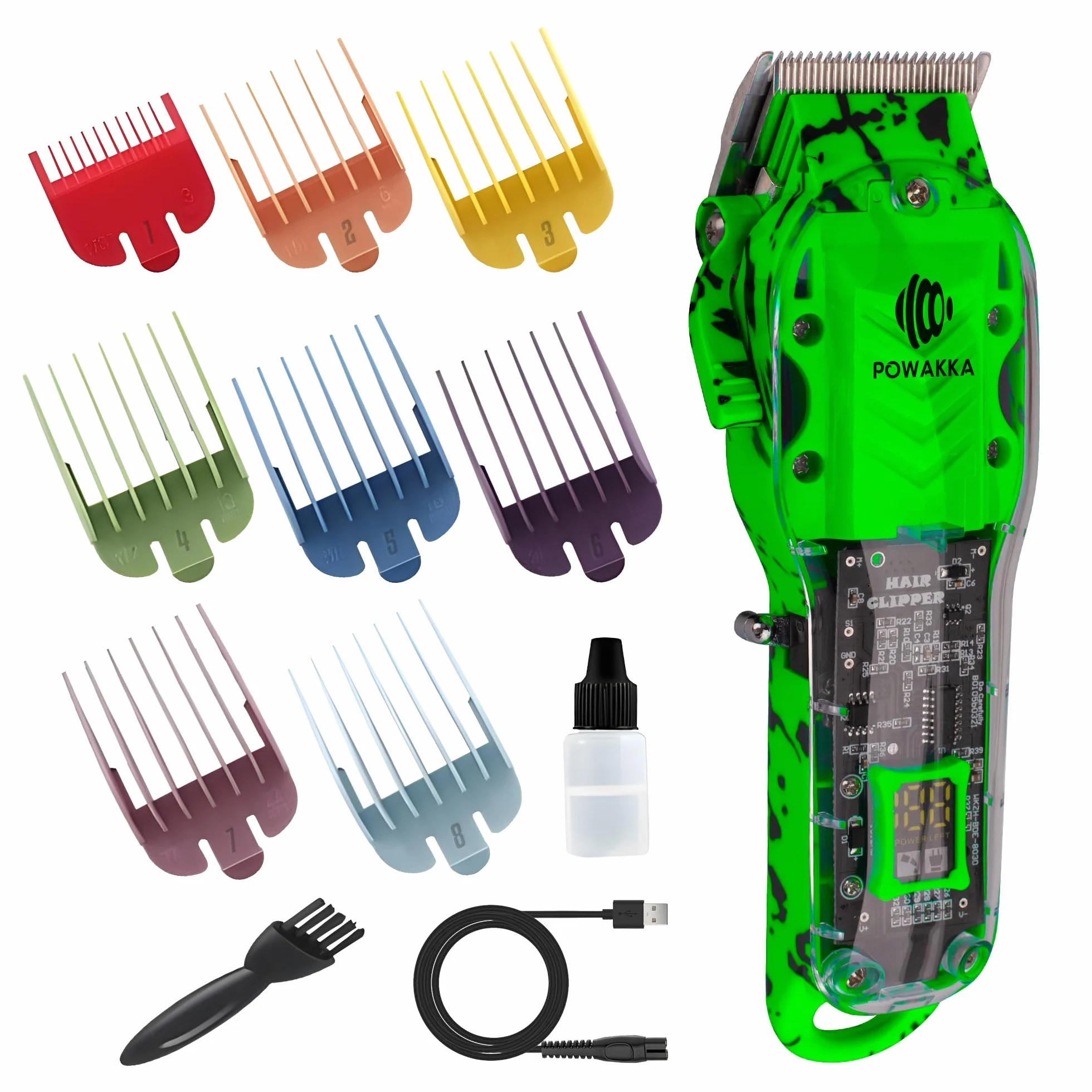 Recortadora de Pelo Inalámbrica LED Verde, Cortapelos para Hombre Barba y Cabello con Kit de 8 Peines Guía y Batería de Larga Duración