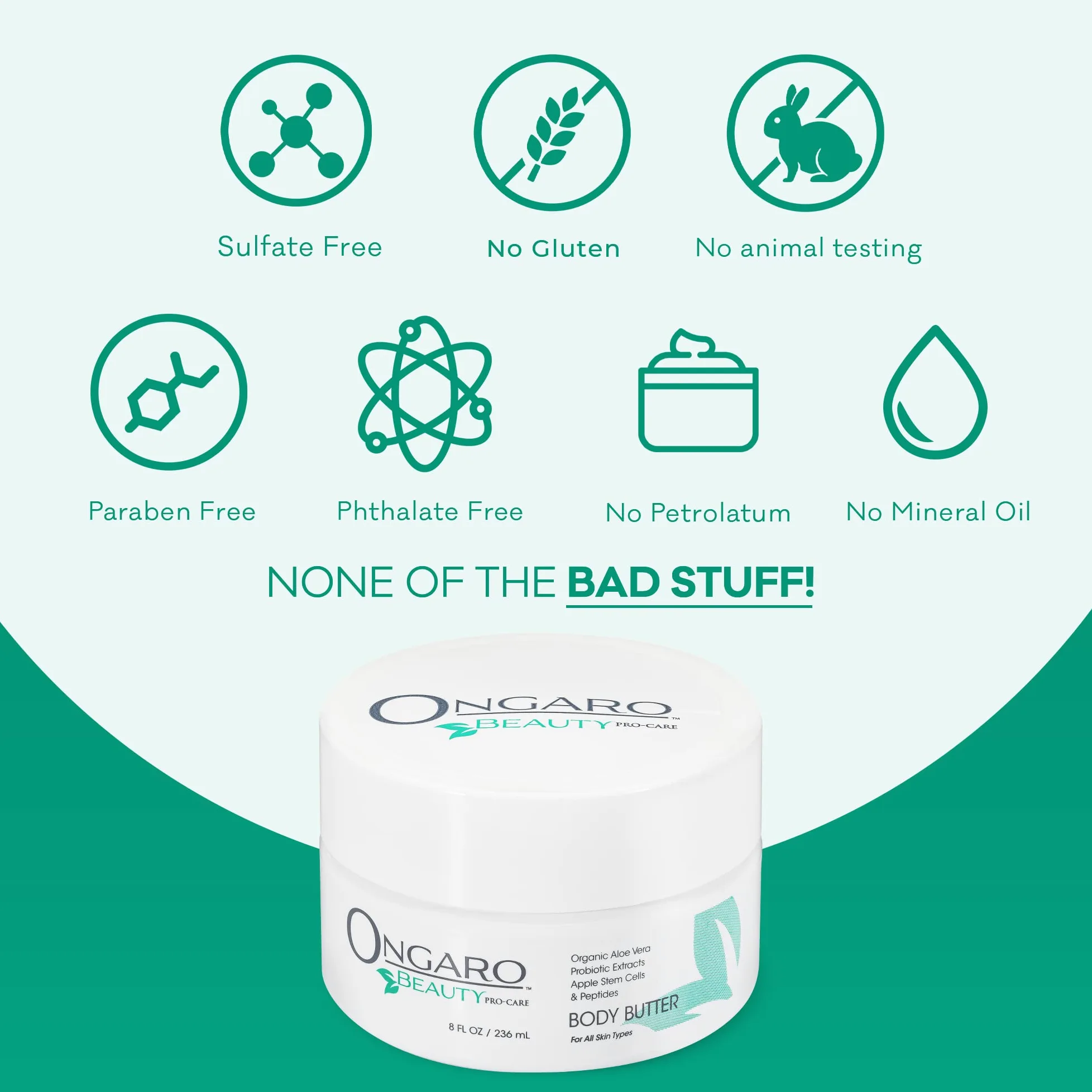 La Manteca Corporal Orgánica de Ongaro Restaura, Suaviza e Hidrata la Piel Seca, Aroma Fresco y Limpio; con Tecnología Probiótica, Aloe Vera, Células Madre de Manzana, Péptidos y Vitamina C y E; 8 oz