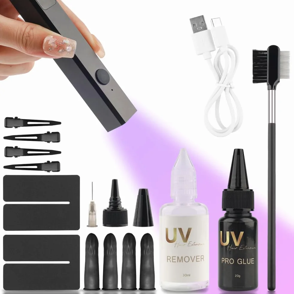 Kit de herramientas de extensión de pelo para lámpara UV, pegamento para el cabello con lámpara UV, protectores de protección UV, removedor de pegamento, máquina de extensión UV para juego