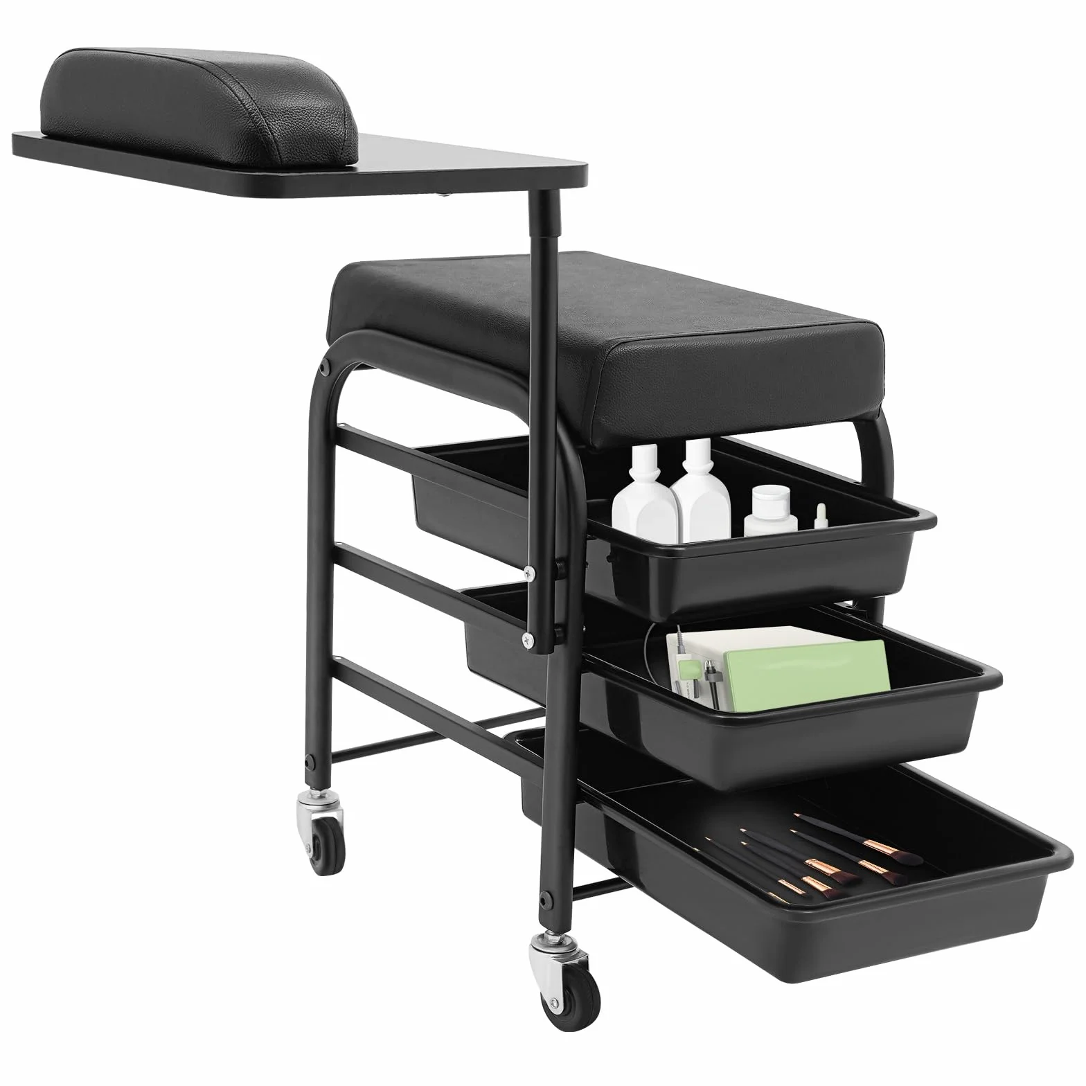Silla de manicura con carrito extensible 3 cajones 360° soporta 75 kg negro